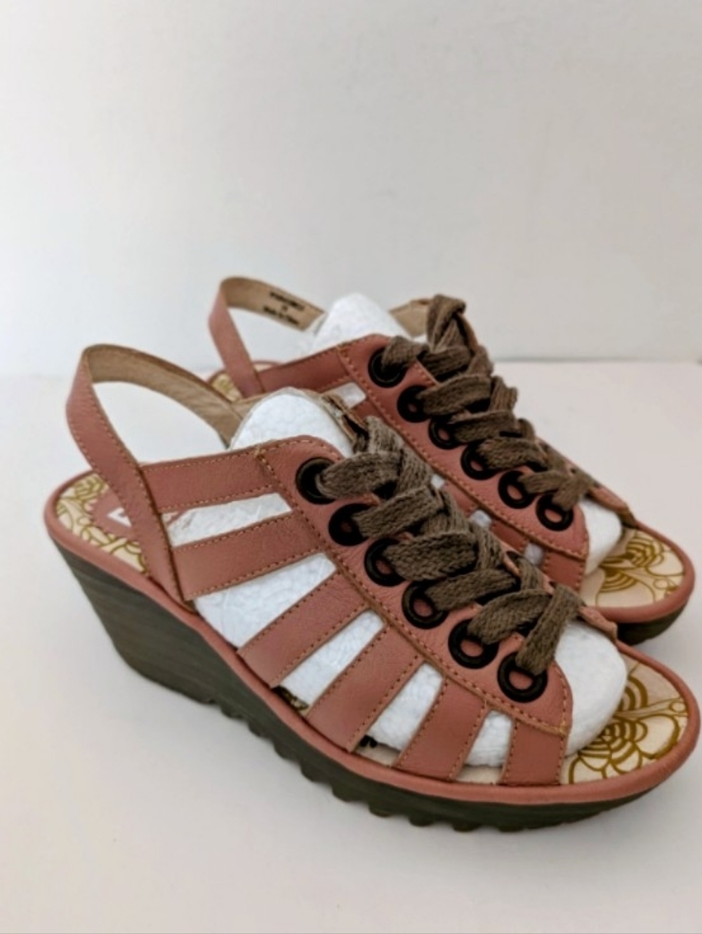 Fly London Leather Wedge Yito Blush Pink Lace Up Sandals Women's Size 38 - Picture 2 of 7
